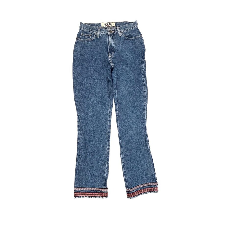 OA Jeans Once Again Embroidered Hem Straight Leg Women's size 8 Dark‎ Blue Jeans